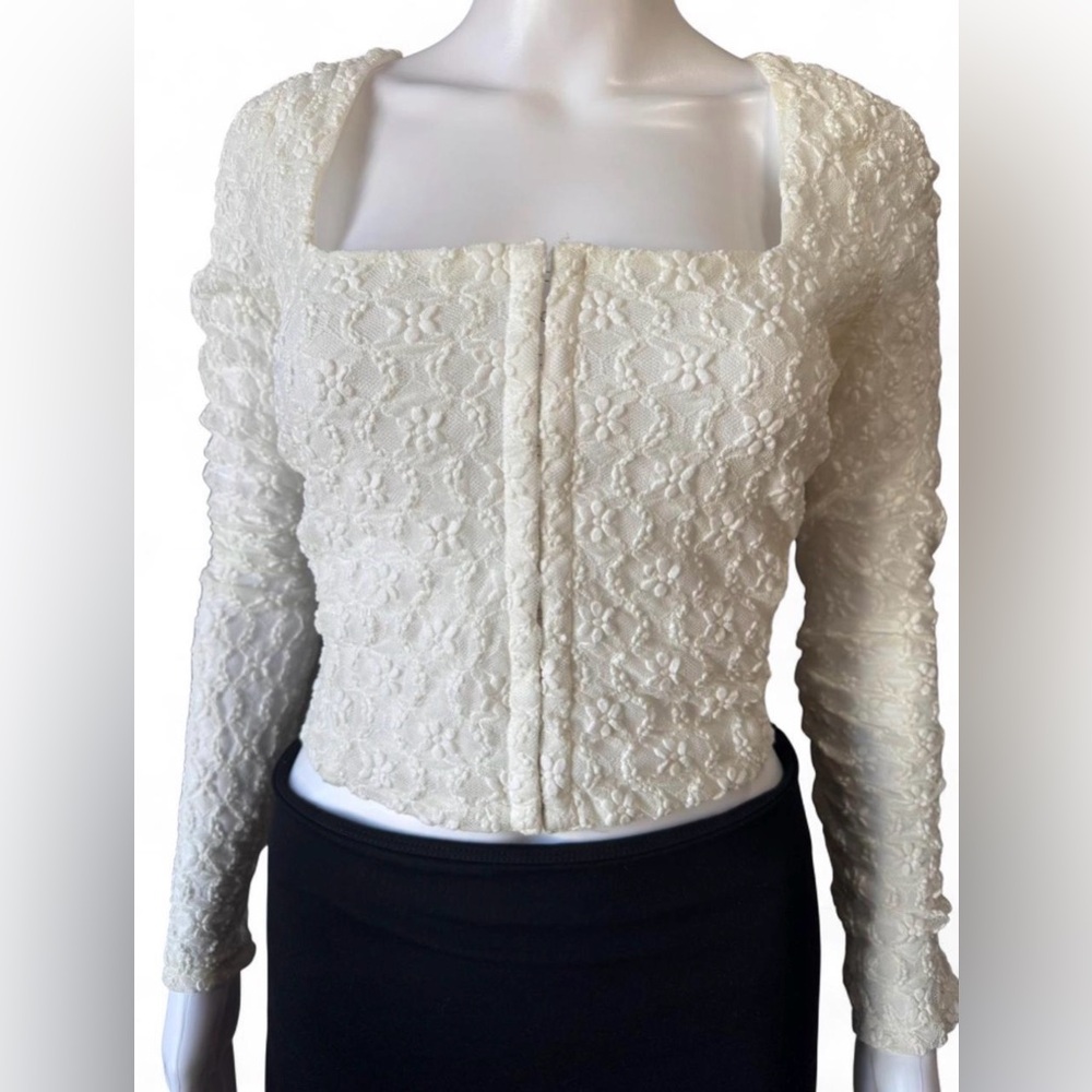 Cream Lace Square Neck Long Sleeve Top